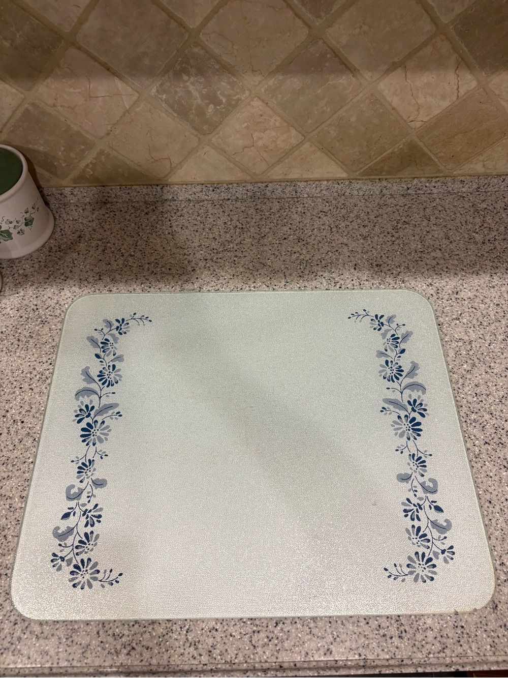 Floral Glass Cutting Board, Rectangular Medium, Non-Slip Feet, White/Blue/Gray